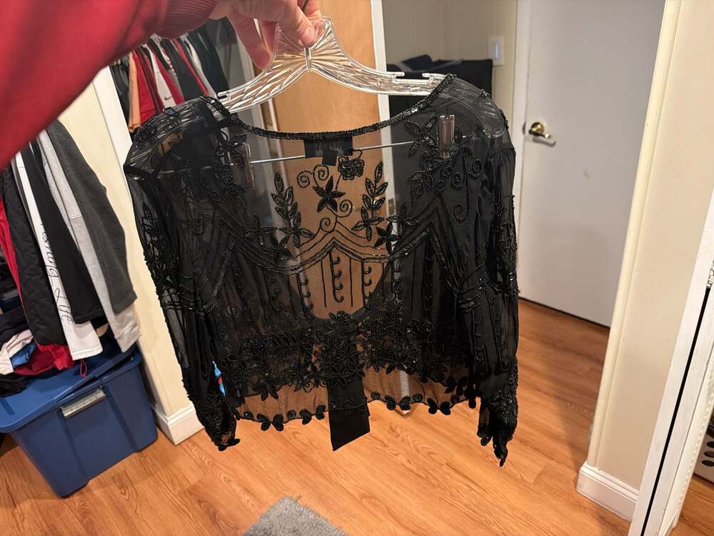 Adrianna Papell Boutique Black Beaded Sheer Tie-Front Bolero Shrug Size PS